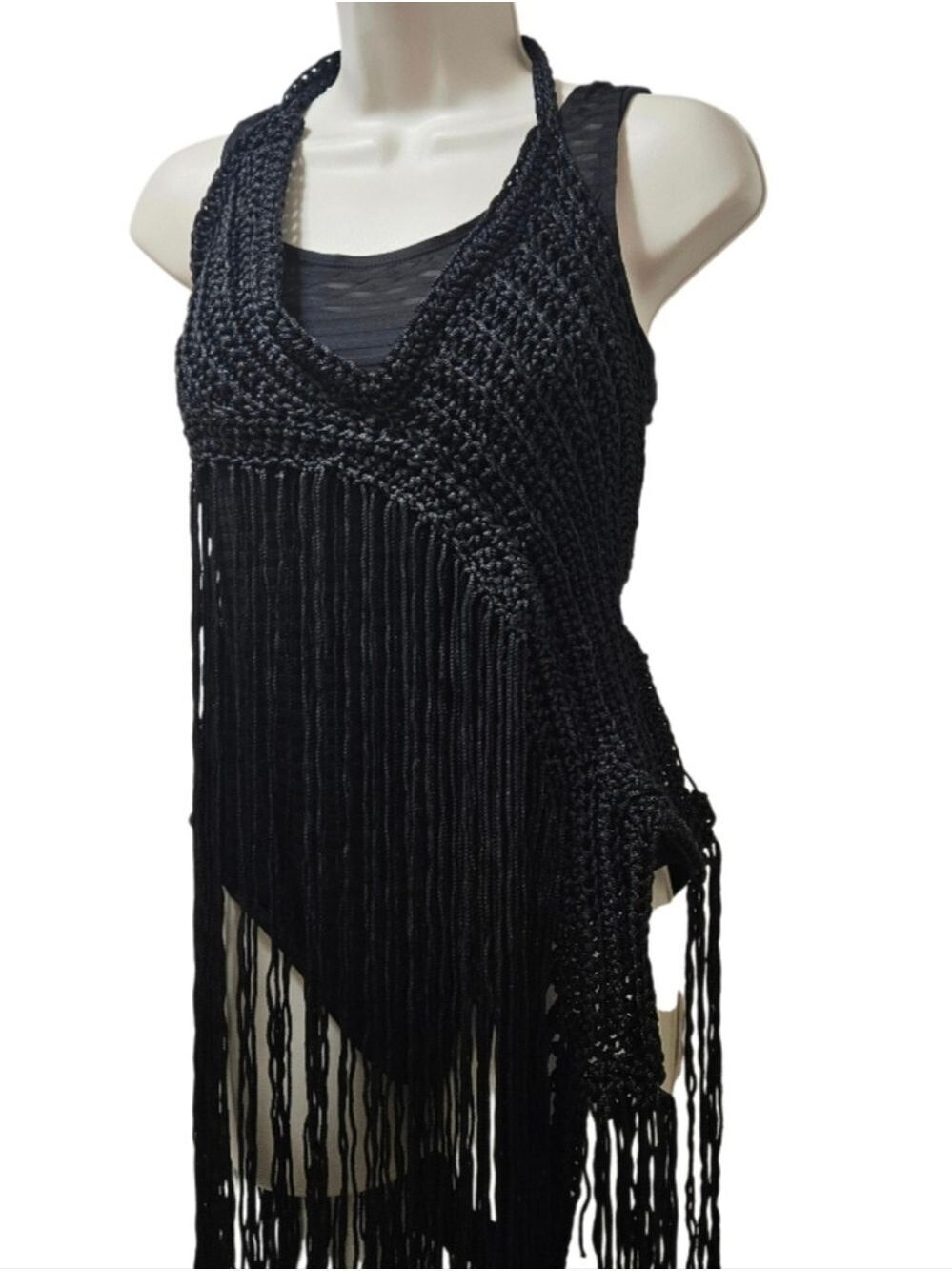 BLACK HAND CRAFTED CROCHET FRINGE HALTER TOP VNECK 2-WAY FESTIVAL BEACH COVER UP - Picture 9 of 17